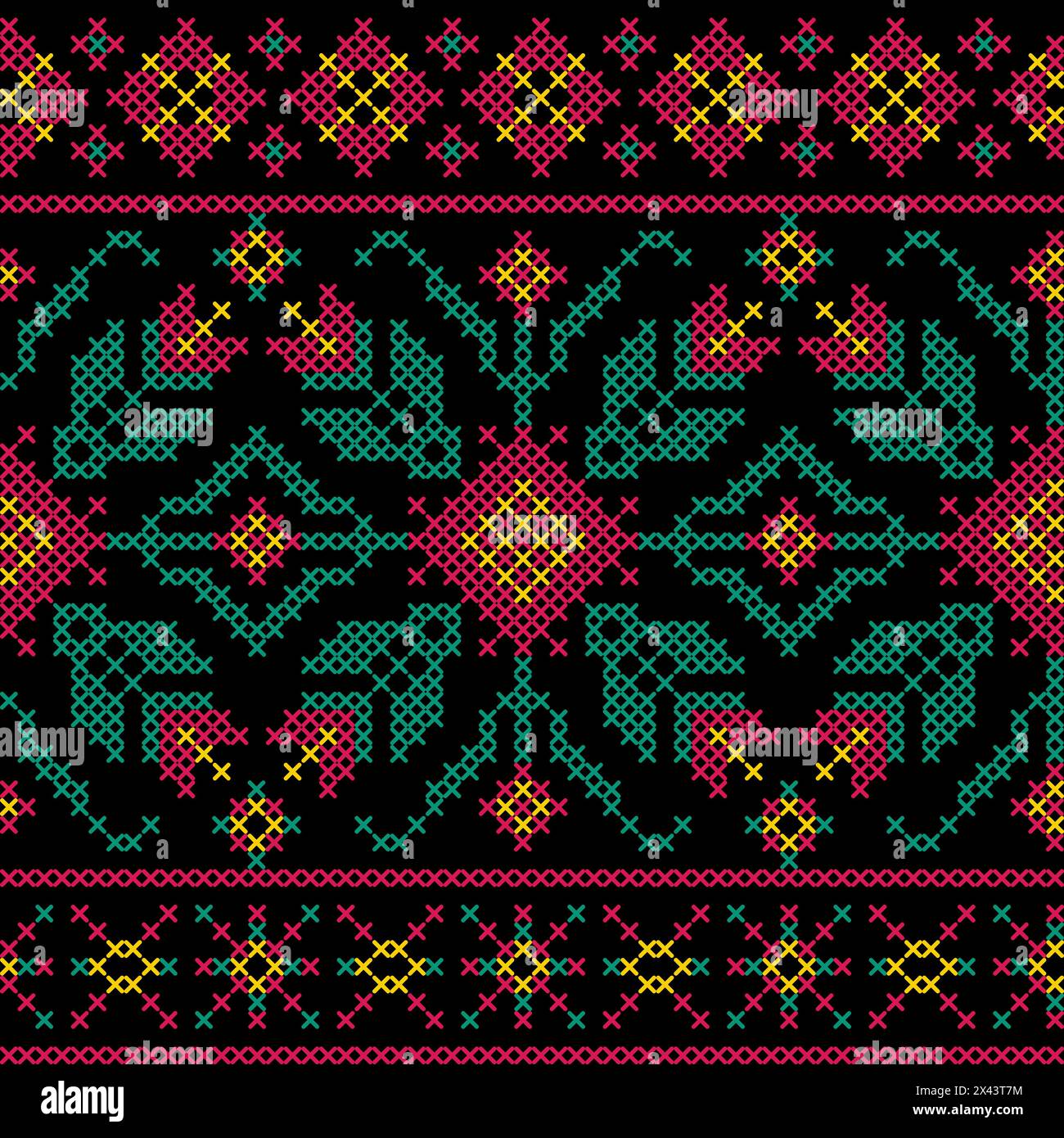 Seamless pattern in embroidery cross stitch style on black background. Stock Vector