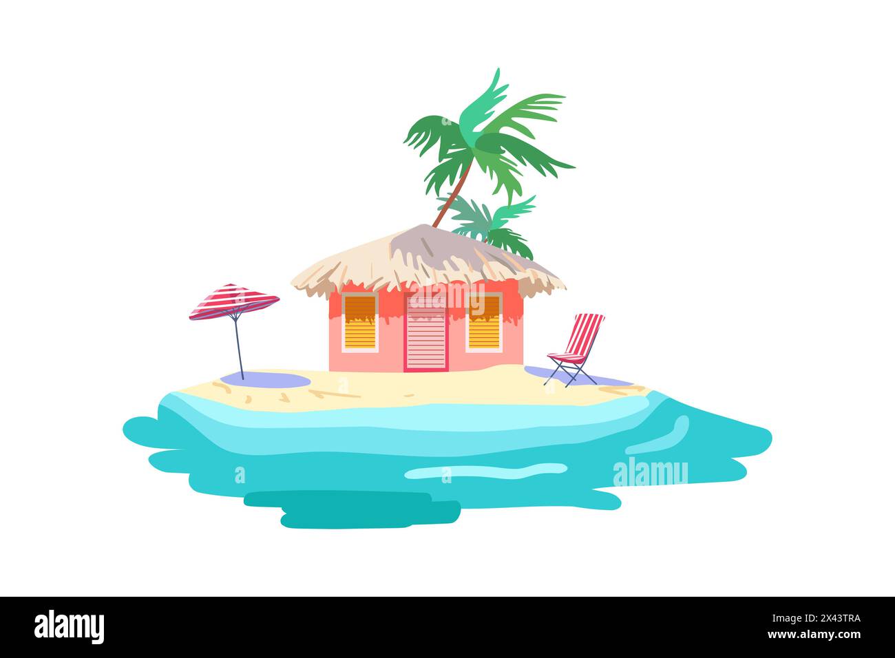 Isolated pink bungalow thatched roof Yellow sand Tropical palm Sea shore Beach umbrella chaise lounge Marine Flat vector print Poster poster clothing wallpaper Stock Vector