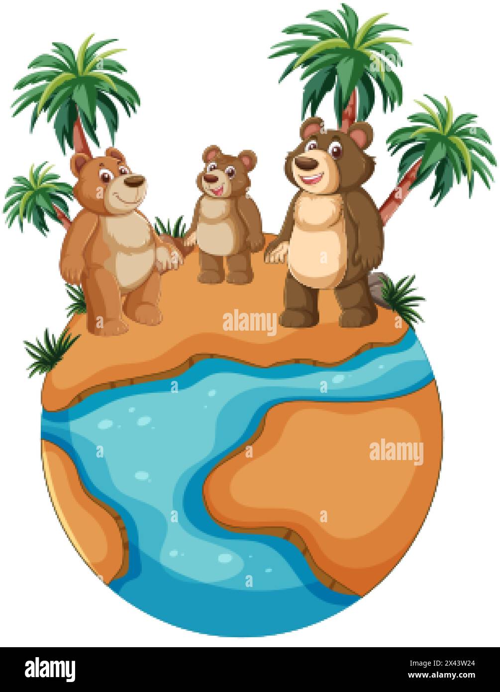 Three bears standing together on a small island. Stock Vector