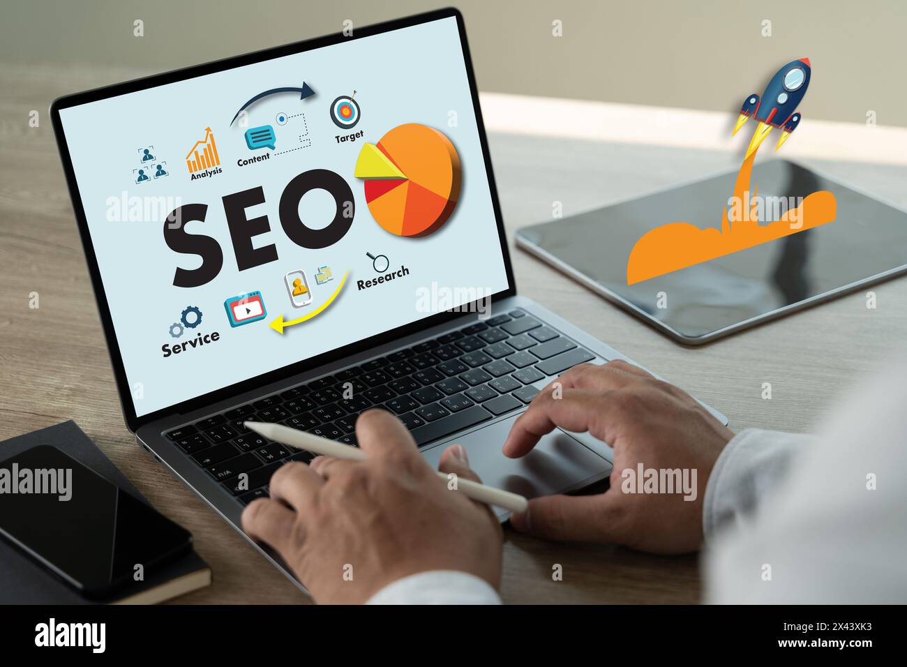 Businessman hands search on laptop engine optimization to SEO Search Engine Optimization Stock Photo