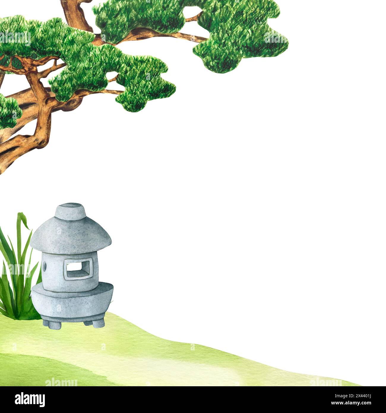 Stone Lantern and Bonsai tree of Pine for the Japanese Garden isolated. Hand drawn Watercolor illustration sculpture with copy space. Japanese stone Stock Photo