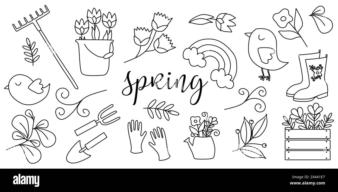 Set of Doodle Spring elements. Coloring book for kids with Flowers ...