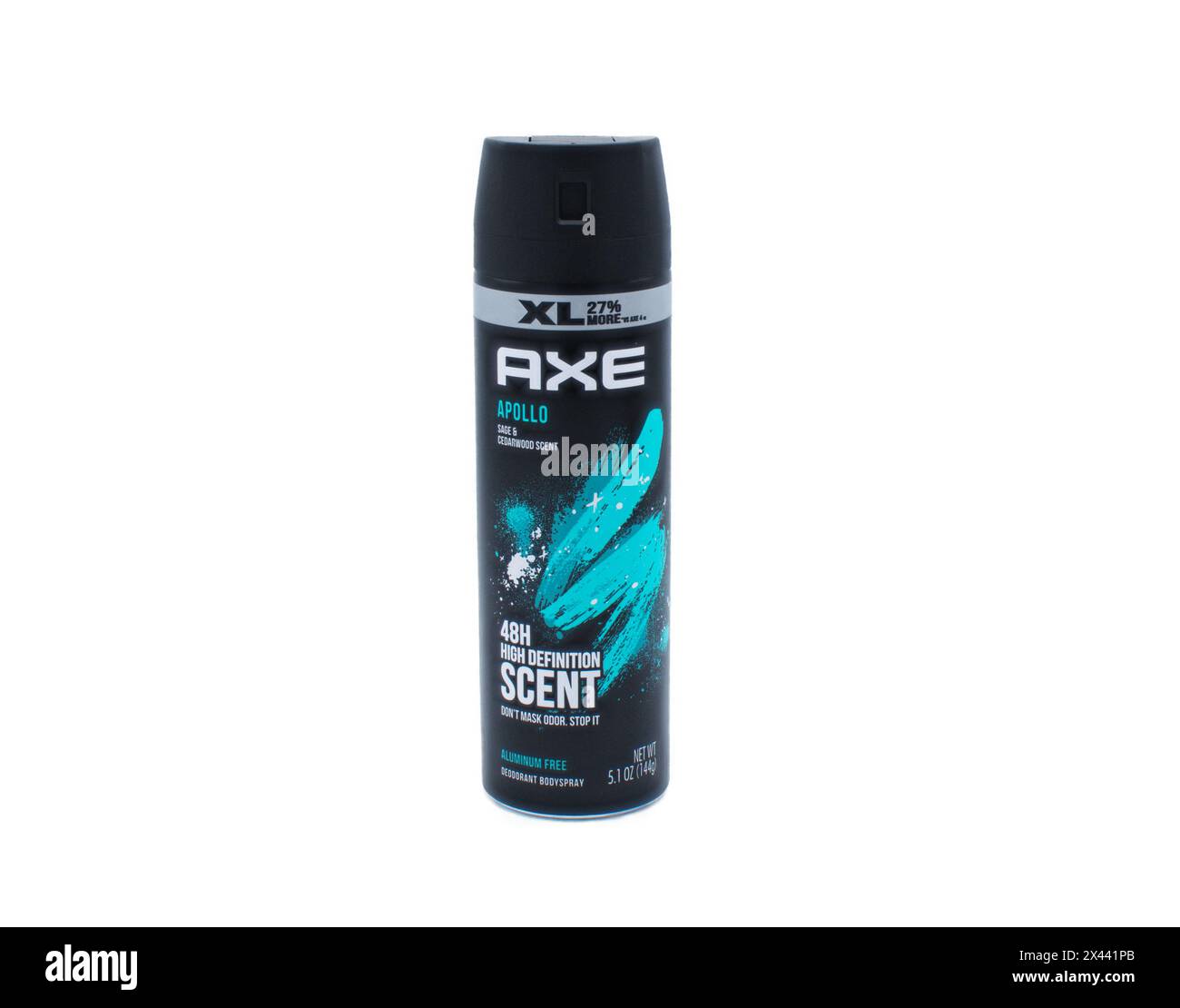 Ocala, Florida 2-18-2024 Axe Apollo body spray fragrance in black squirt spray bottle with blue label isolated on white background sold at Walmart, Ta Stock Photo