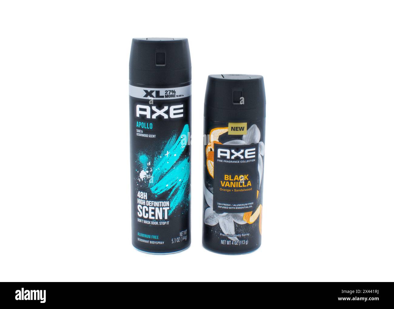 Ocala, Florida 2182024 Axe Apollo and Axe Black Vanilla body spray fragrance in black squirt