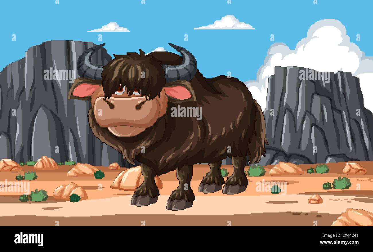 Cartoon yak standing in a rocky terrain Stock Vector