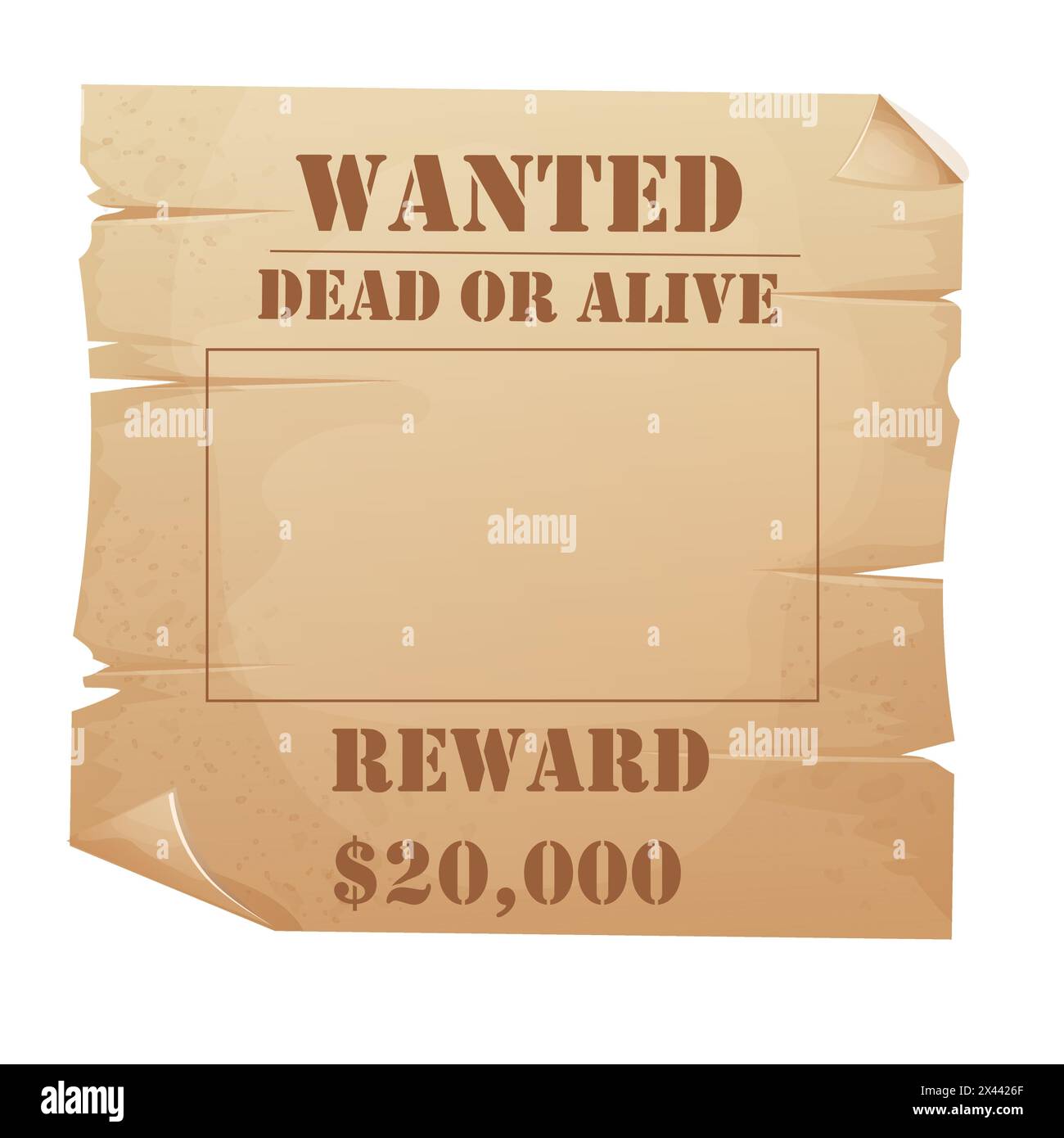 Wanted parchment paper banner, poster template wild west reward flyer isolated on white background. Aged frame, rustic western award, search sign, sheriff criminal notice with grunge paper texture. Vector illustration Stock Vector