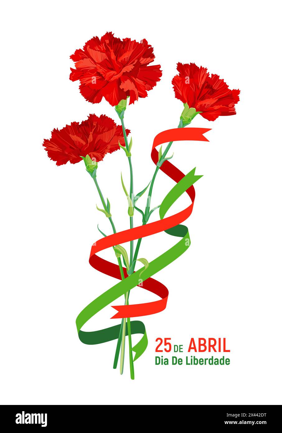 A festive composition for the Freedom Day of Portugal. A bouquet of red carnations and red and green ribbons. A symbol of Victory and Revolution. Tran Stock Vector