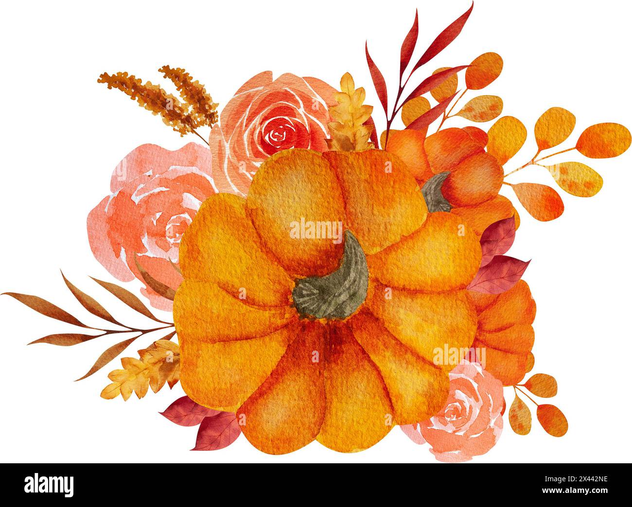 Autumn, arrangement, fall decoration, illustration, pumpkin, flowers, berry, roses, harvest, orange Stock Photo