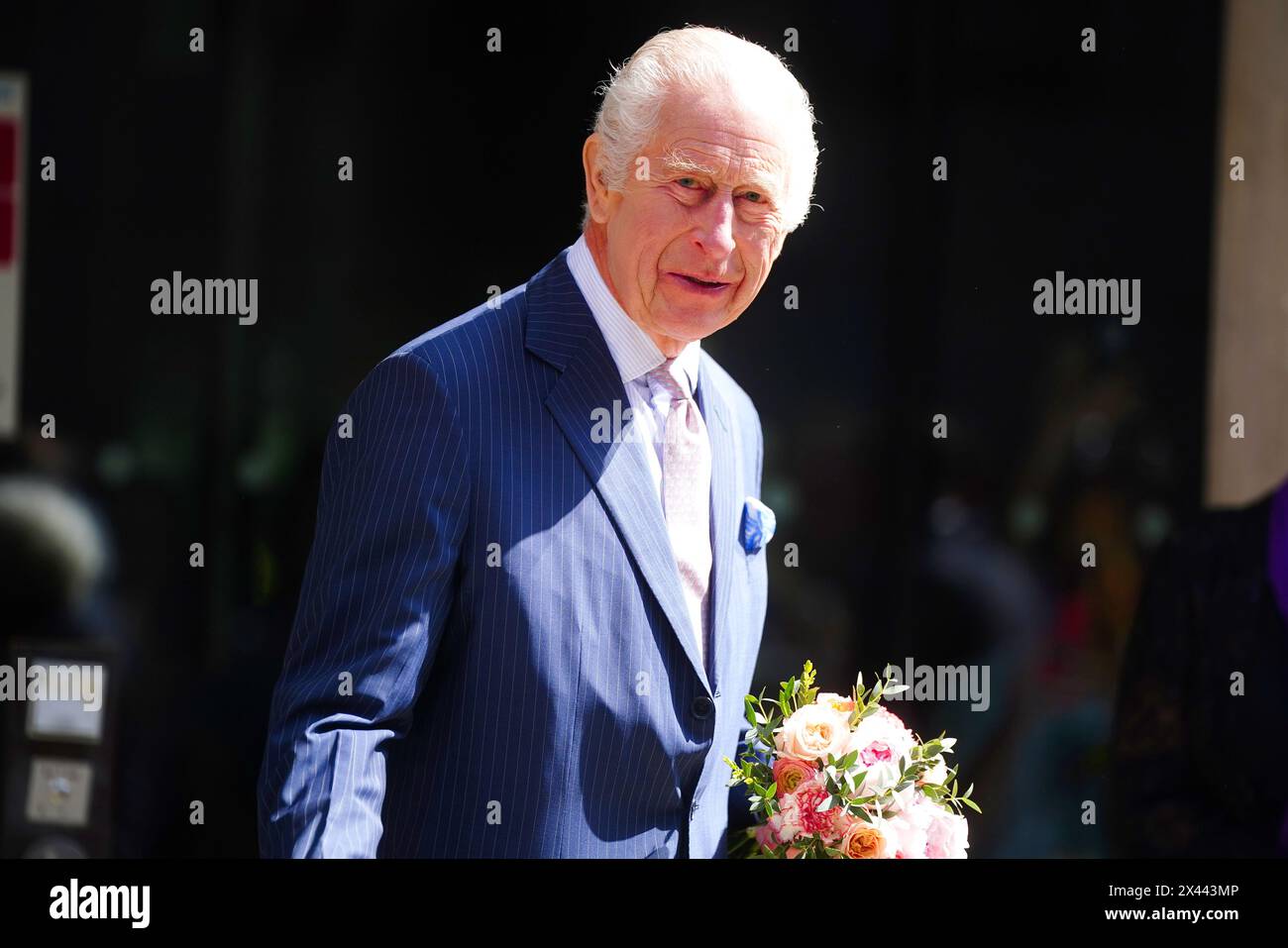 King Charles III, patron of Cancer Research UK and Macmillan Cancer Support, leaves following a visit to University College Hospital Macmillan Cancer Centre, London, to raise awareness of the importance of early diagnosis and highlight some of the innovative research which is taking place at the centre. Picture date: Tuesday April 30, 2024. Stock Photo
