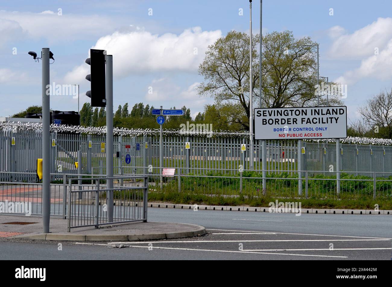 Signage of the Sevington Inland Border Facility near Ashford in Kent, as physical, documentary and identity post-Brexit border control checks begin on medium and high-risk plant and animal imports from the EU, as part of the Border Target Operating Model (BTOM) plan. Picture date: Tuesday April 30, 2024. The introduction of post-Brexit border checks has been delayed several times over fears they could fuel inflation, but began to be introduced from the start of this year. Stock Photo