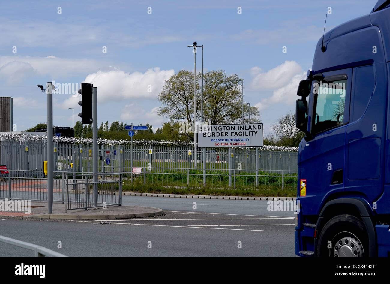 Signage of the Sevington Inland Border Facility near Ashford in Kent, as physical, documentary and identity post-Brexit border control checks begin on medium and high-risk plant and animal imports from the EU, as part of the Border Target Operating Model (BTOM) plan. Picture date: Tuesday April 30, 2024. The introduction of post-Brexit border checks has been delayed several times over fears they could fuel inflation, but began to be introduced from the start of this year. Stock Photo