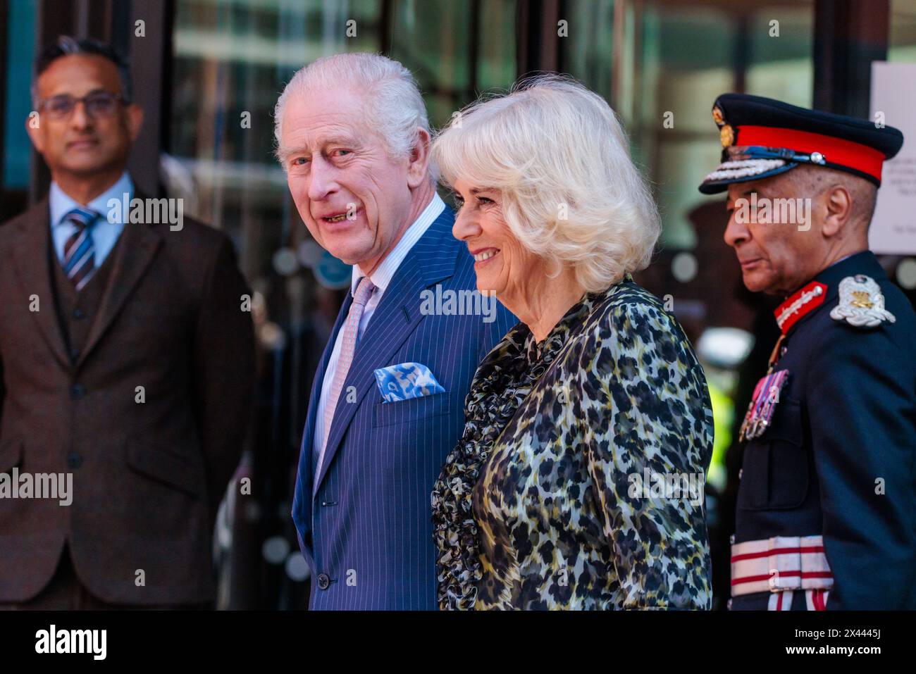 University College Hospital, London, UK. 30th April 2024. His Majesty, King Charles III, Patron of Cancer Research UK and Macmillan Cancer Support, and Queen Camilla visit University College Hospital Macmillan Cancer Centre, marking The King's first day as the new Patron of Cancer Research UK and his first public engagement since announcing his Cancer diagnosis.  This visit will raise awareness of the importance of early diagnosis and highlight some of the innovative research, supported by Cancer Research UK, which is taking place at the hospital. Photo by Amanda Rose/Alamy Live News Stock Photo