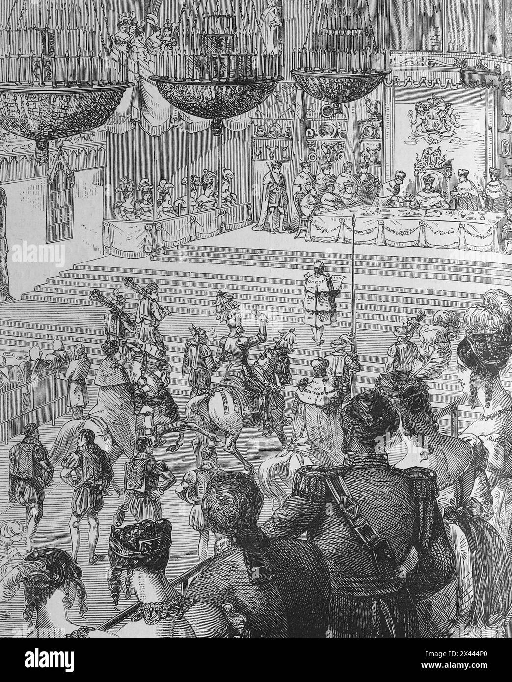 Banquet in Westminster Hall 19 July 1821 at the Coronation of King George IV of Great Britain and Ireland; The Champion's Challenge. Illustration from Cassell's History of England, Vol VII. New Edition published Circa 1873-5. Stock Photo