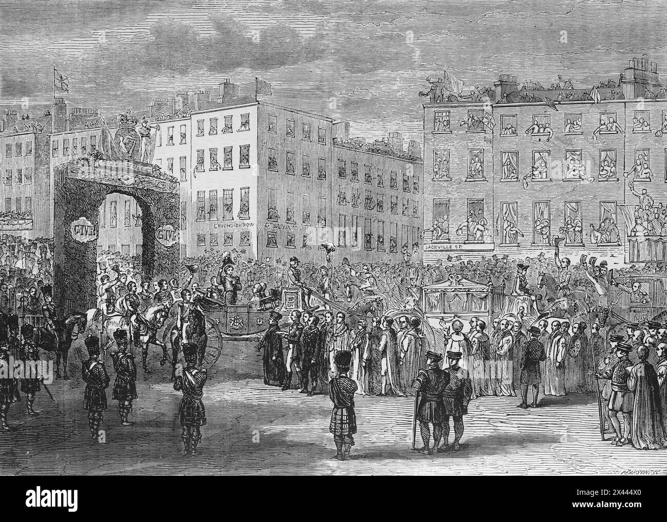 The entry of King George IV into Dublin 17 Aug 1821. This was King George's one and only visit to Ireland. Illustration from Cassell's History of England, Vol VII. New Edition published Circa 1873-5. Stock Photo