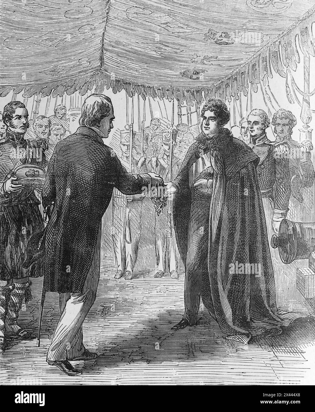 Sir Walter Scott presenting King George IV on his visit to Edinburgh, 15th August 1822. with the Cross of St Andrew, Illustration from Cassell's History of England, Vol VII. New Edition published Circa 1873-5. Stock Photo