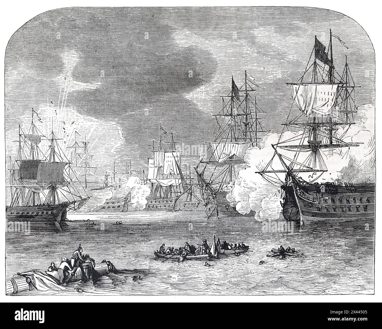 The Battle of Navarino: Illustration from Cassell's History of England, Vol VII. New Edition published Circa 1873-5. The Battle of Navarino was a naval battle fought on 20 October 1827, during the Greek War of Independence (1821–1829), in Navarino Bay, on the west coast of the Peloponnese peninsula, in the Ionian Sea. The allied navies of Britain, France and Russia decisively defeated the Ottoman and Egyptian forces who were attempting the suppress the Greeks. Stock Photo