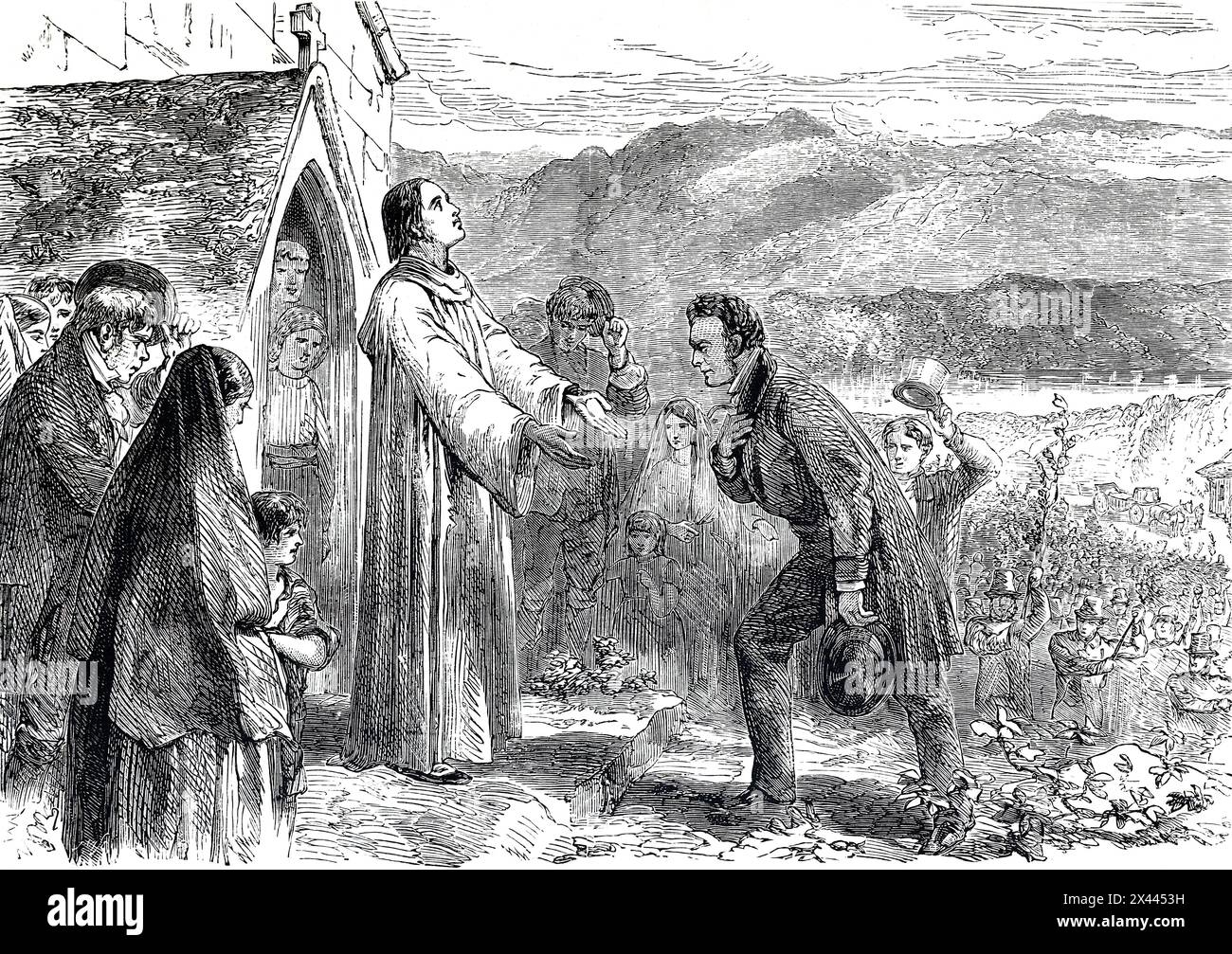 The Priest at Corofin, County Clare, Ireland, receiving Richard Lalor Sheil, one of the founders of the Catholic Association in Ireland.  Illustration from Cassell's History of England, Vol VII. New Edition published Circa 1873-5. Stock Photo