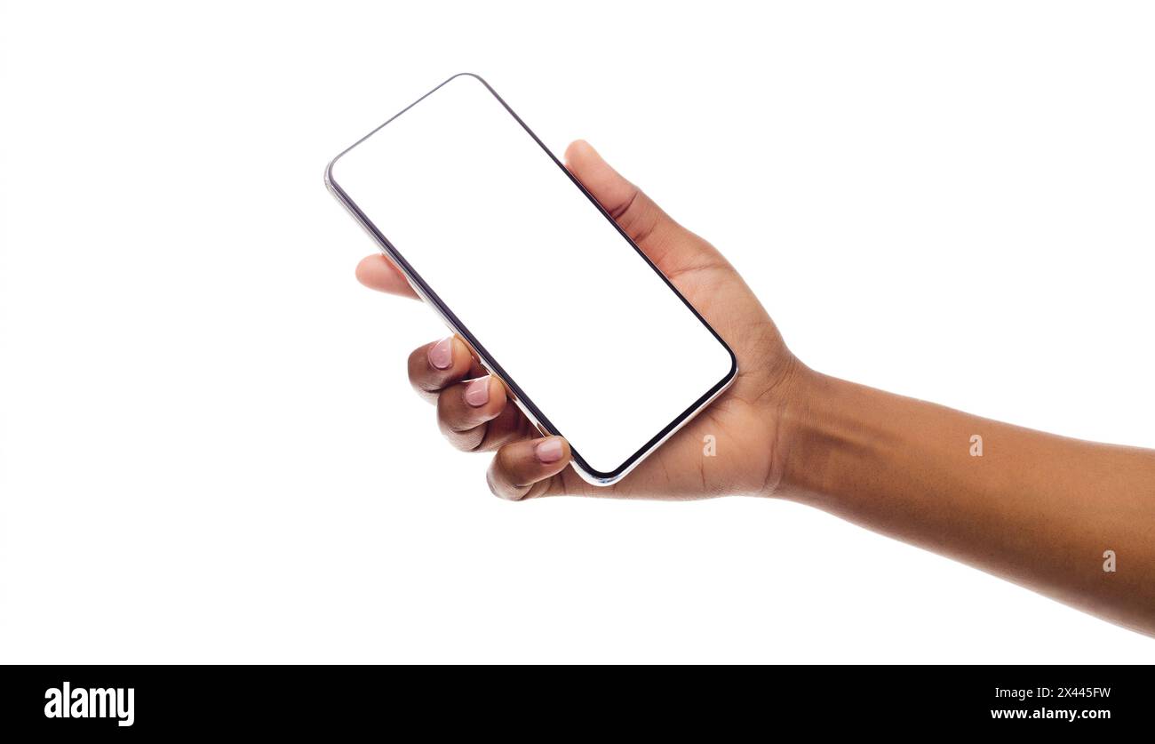 Black Female Hand Holding Frameless Smartphone With Empty Screen Stock ...