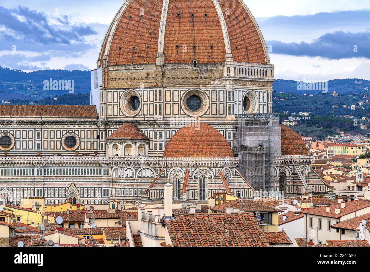 Cathedral of Santa Maria del Fiore, the Baptistery and Giotto's Bell Tower - the most iconic buildings in Florence. Shot from Torre di Arnolfo. Stock Photo