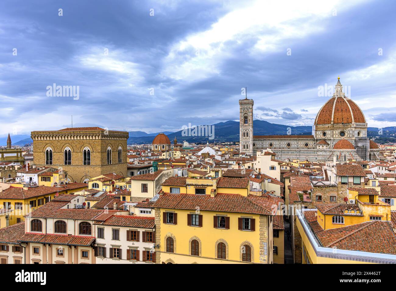 Cathedral of Santa Maria del Fiore, the Baptistery and Giotto's Bell Tower - the most iconic buildings in Florence. Shot from Torre di Arnolfo. Stock Photo