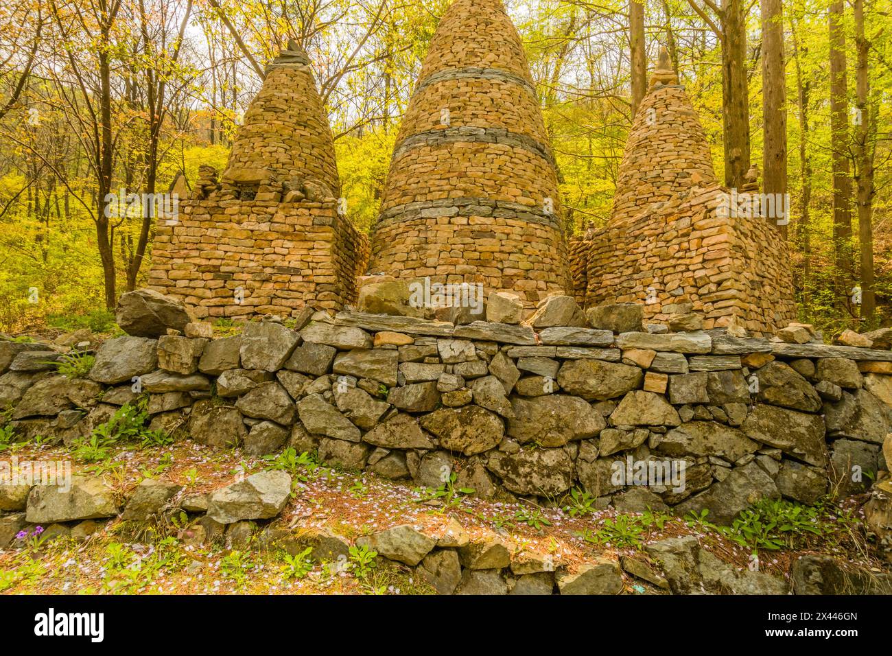 Three stone towers representing symbolic guardians of heaven, earth and humans in South Korea Stock Photo
