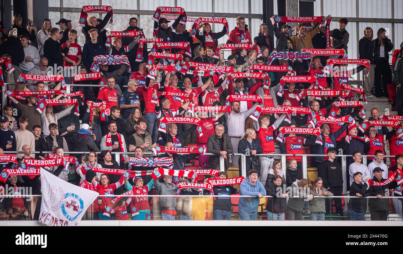 Silkeborg, Denmark. 29th Apr, 2024. Football fans of Silkeborg IF seen on the stands during the 3F Superliga match between Silkeborg IF and FC Midtjylland at Jysk Park in Silkeborg. (Photo Credit: Gonzales Photo/Alamy Live News Stock Photo
