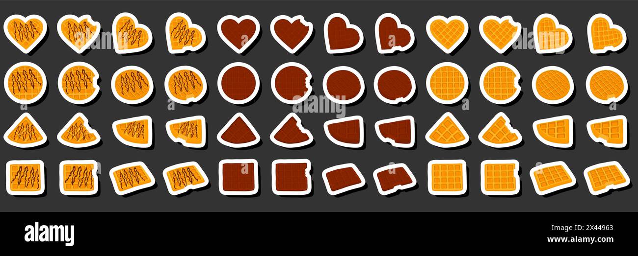 Illustration on theme big kit different types biscuit waffle with cell, dessert cookie, waffle consisting of tasty shaped cookie, fresh soft biscuit, Stock Vector