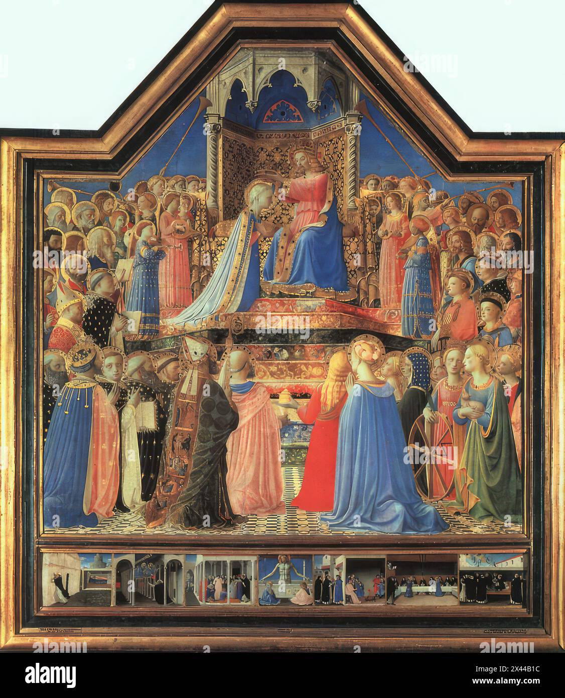 ANGELICO, Fra (b. ca. 1400, Vicchio nell Mugello, d. 1455, Roma)  Coronation of the Virgin 1434-35 Tempera on panel, 240 x 211 cm Musée du Louvre, Paris  This altarpiece, exhibited now in the Musée du Louvre together with its seven predella pictures, was executed for the church San Domenico in Fiesole is one of the most famous of Fra Angelico's works. It is a good example of the painter's art of tempera painting with fresh colours that have not changed. On the predella the story of San Domenico is depicted.        *** Keywords: *************  Author: ANGELICO, Fra Title: Coronation of the Virg Stock Photo