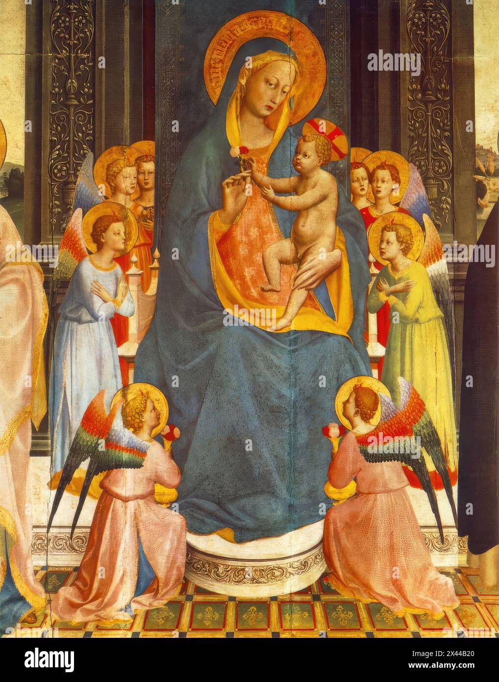 ANGELICO, Fra (b. ca. 1400, Vicchio nell Mugello, d. 1455, Roma)  Fiesole Altarpiece (detail) 1428-30 Tempera on wood, 212 x 237 cm (full panel) Chiesa di San Domenico, Fiesole  Originally a triptych, it was radically altered into a single panel in 1501. This picture shows the central part of the panel which was originally the central part of the triptych. On the left part St Thomas of Aquino and St Barnaba, on the right St Dominic and St Peter the Martyr are depicted. The seven pictures of the predella now are in the National Gallery in London.       *** Keywords: *************  Author: ANGEL Stock Photo