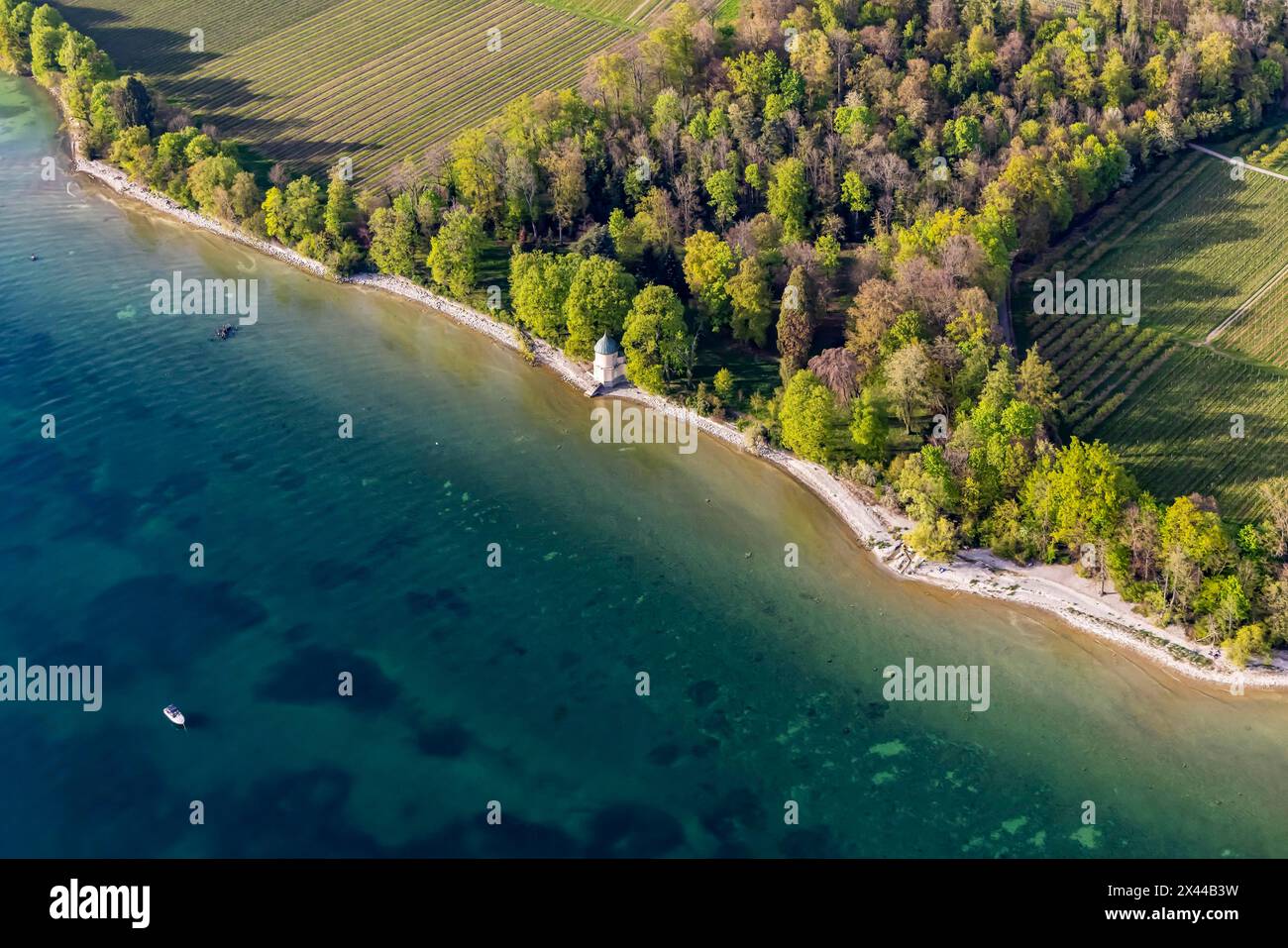 Flight in a zeppelin along the shore of Lake Constance, aerial view, Badehaus Schloss Kirchberg, Immenstaad, Baden-Wuerttemberg, Germany Stock Photo