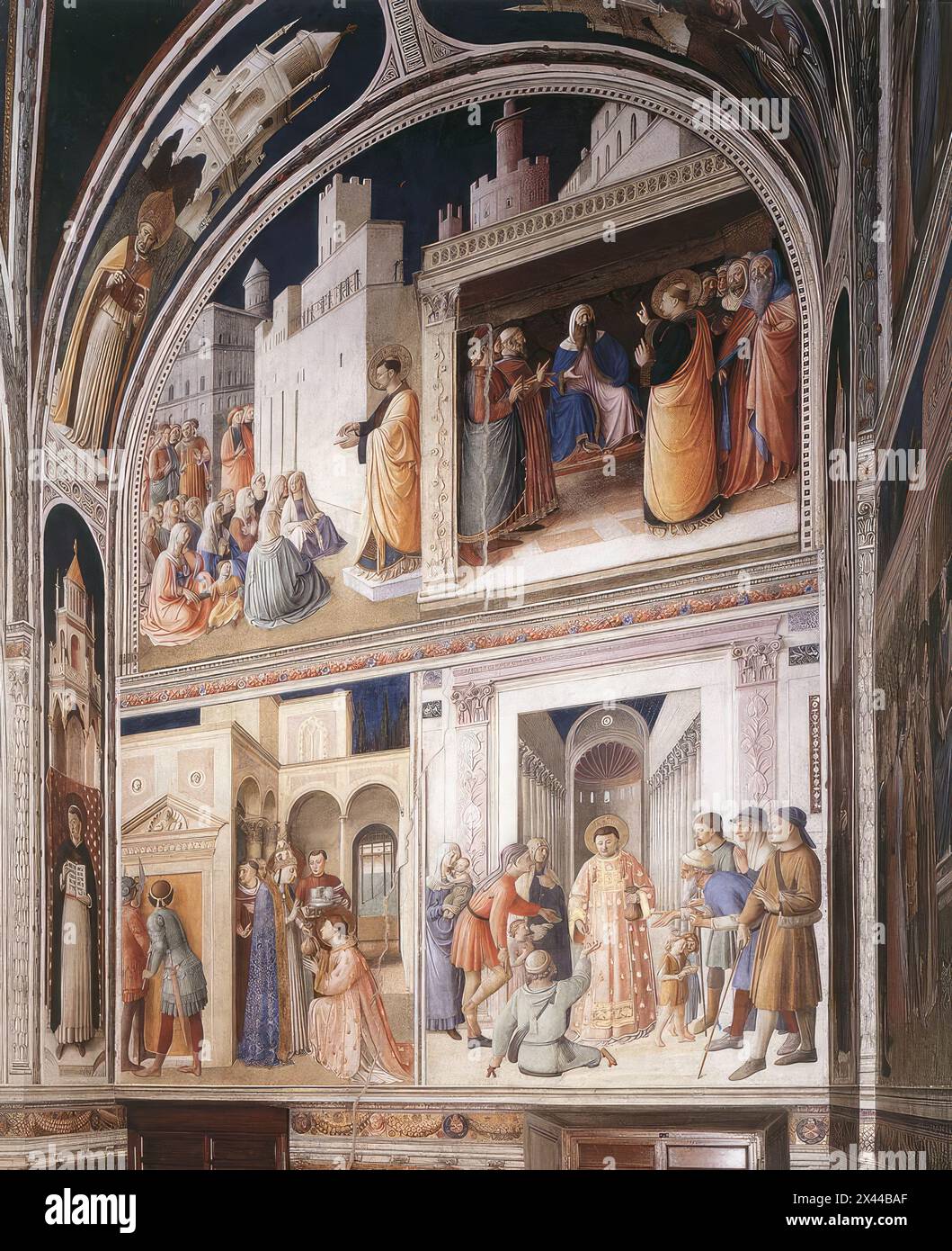 ANGELICO, Fra (b. ca. 1400, Vicchio nell Mugello, d. 1455, Roma)  Scenes from the Lives of Sts Lawrence and Stephen 1447-49 Fresco Cappella Niccolina, Palazzi Pontifici, Vatican  Fra Angelico was entrusted with a number of commissions for the Vatican Palace. The one that involved the most work was the decoration of the small room in the ancient tower of Pope Innocent III that Nicholas V turned into his private chapel, a rectangular space with a groin vault. The floor installed at this time survives. It displays the emblem of Nicholas V, a radiant sun. The frescoes show scenes from the lives of Stock Photo