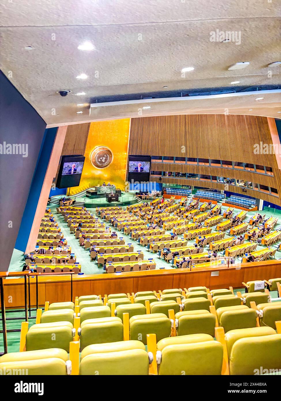 View from the visitors' gallery of the United Nations General Assembly Hall at the UN headquarters in New York Stock Photo