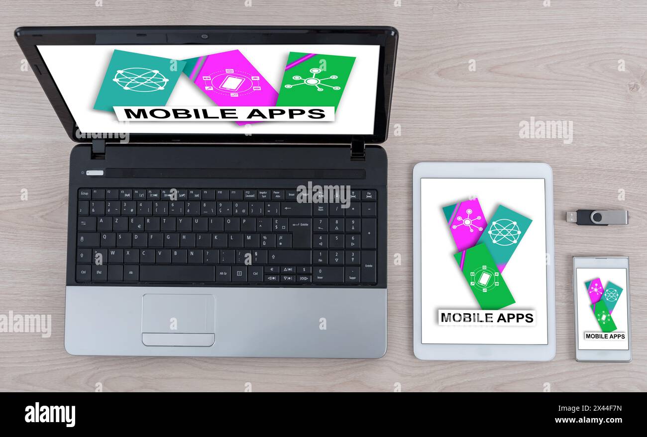 Mobile apps concept shown on different information technology devices Stock Photo