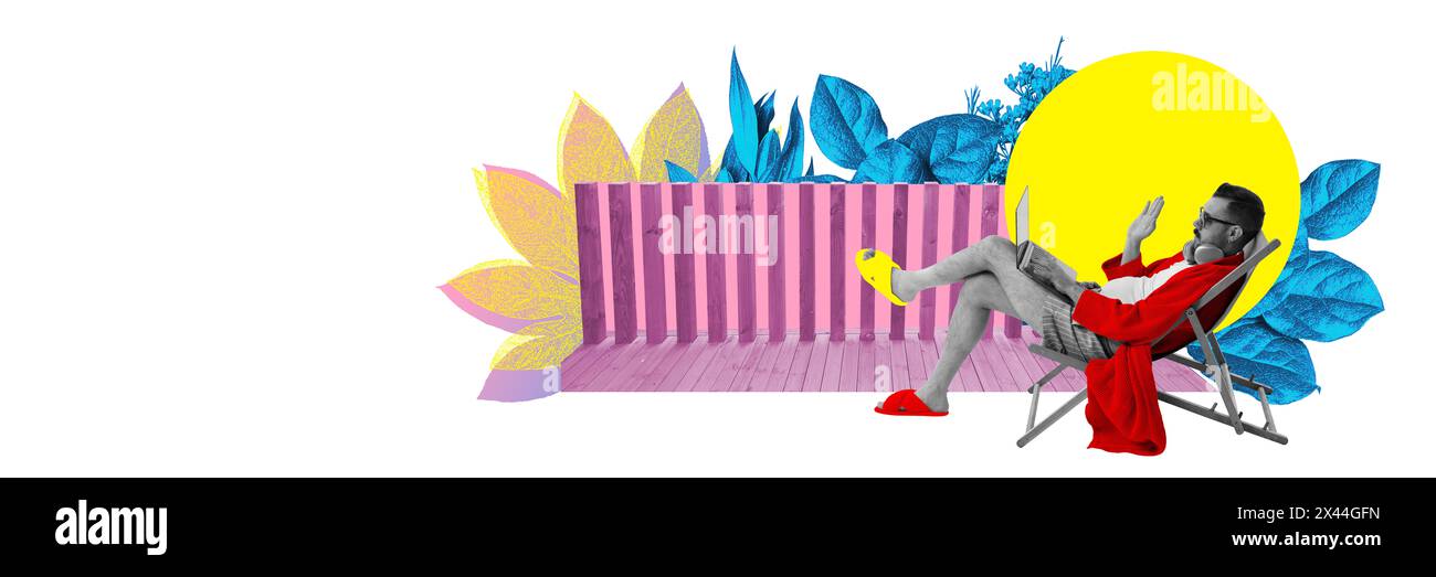 Banner. Contemporary art collage. Work-Life Balance. Man in relaxed ...