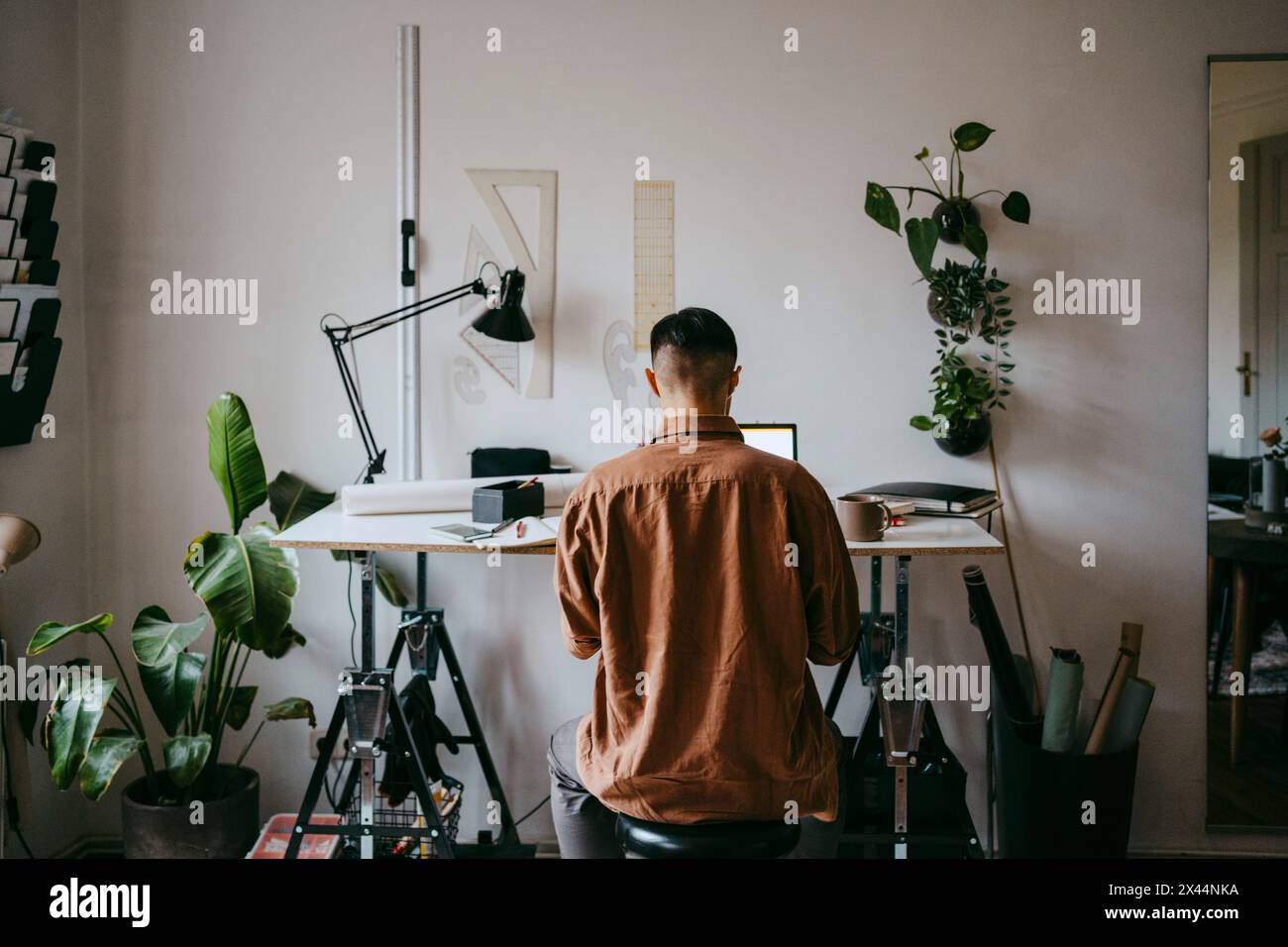 Rear view of male freelancer working on laptop at home office Stock Photo