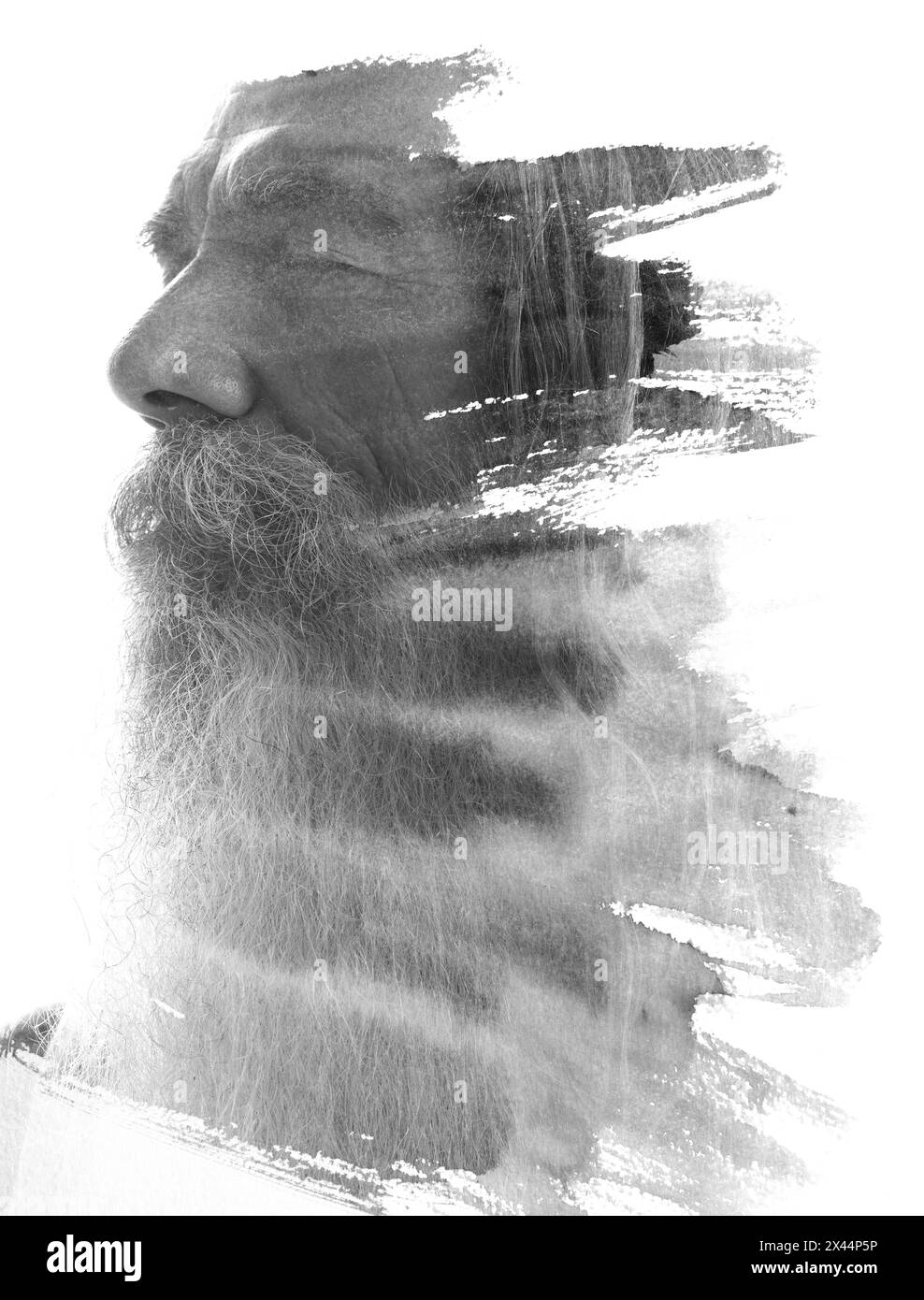 A paintography double exposure portrait of a bearded man with closed ...