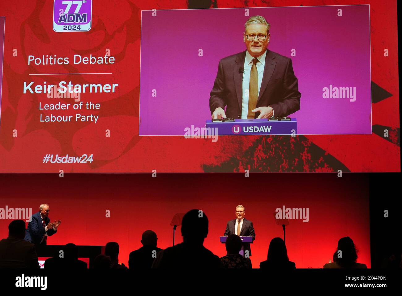 Labour Party leader Sir Keir Starmer speaking at Union of Shop, Distributive and Allied Workers (USDAW) conference, pledging to end the Tory 'Shoplifter's Charter', boost police numbers and crack down on assaults on retail workers. Picture date: Tuesday April 30, 2024. Stock Photo