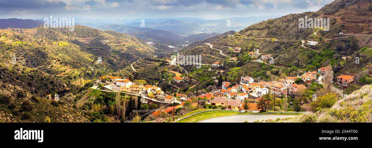 Panoramic view of the Melini village on the slopes of the Troodos Mountains, Republic of Cyprus Stock Photo