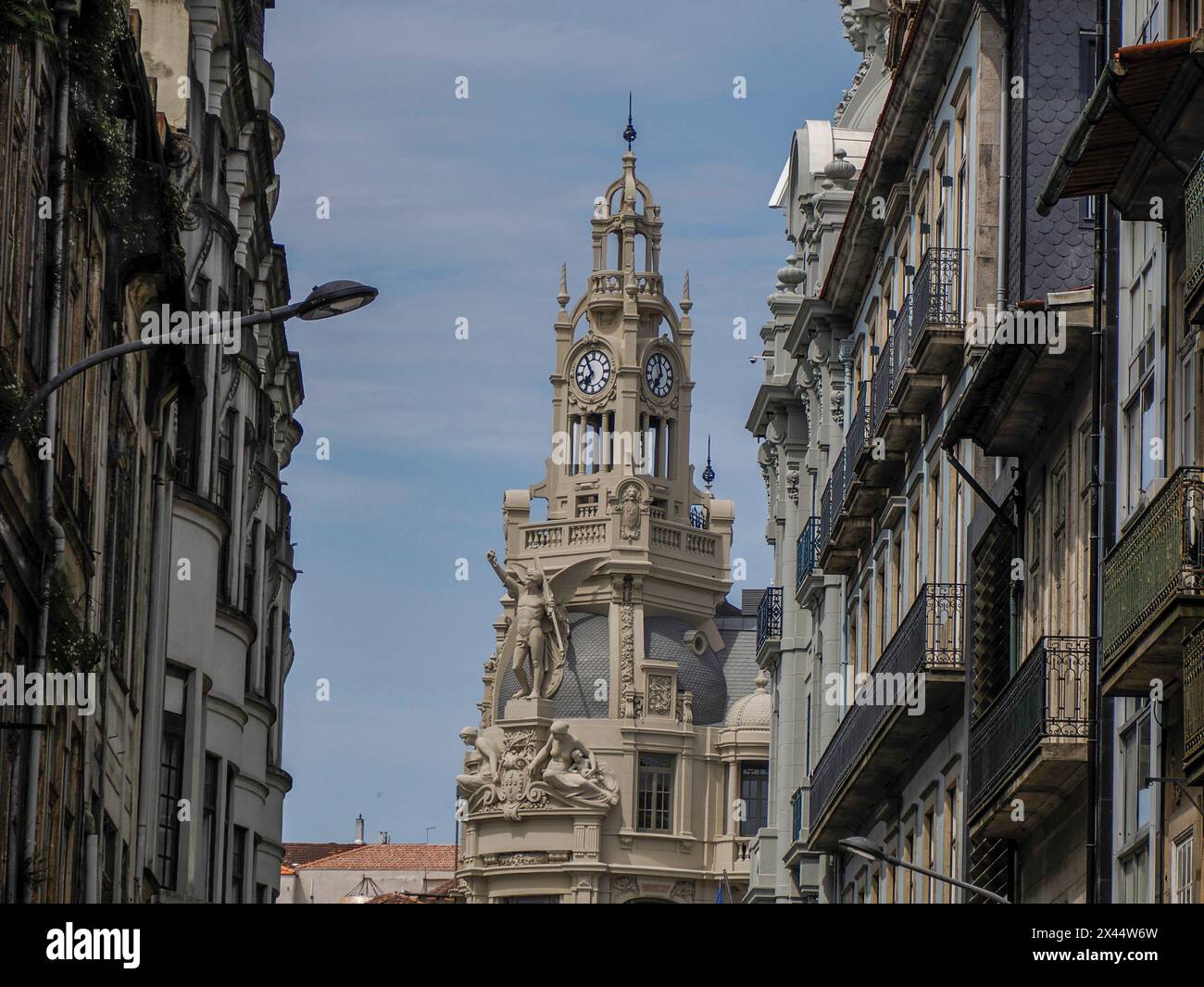 Renaissance building with towerin Avenida dos Aliados Porto old town street view building