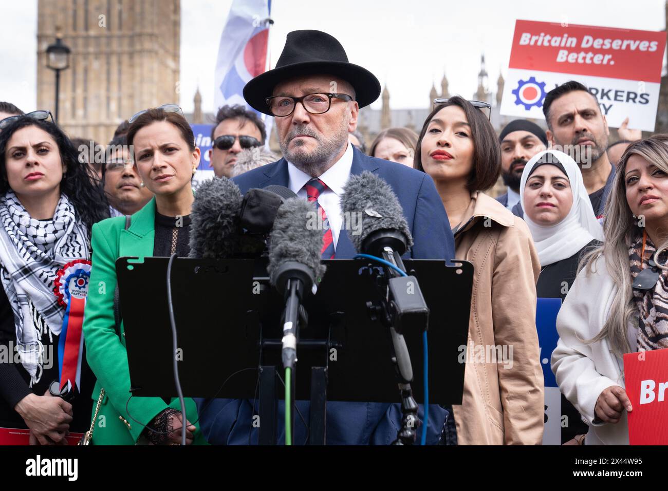 George Galloway speaking to the media during a press conference on Parliament Square in central London, where he announced the selection of hundreds of Workers Party General Election candidates, as well as announcing the Workers Party's intention to contest every seat in Great Britain at the upcoming election. Picture date: Tuesday April 30, 2024. Stock Photo