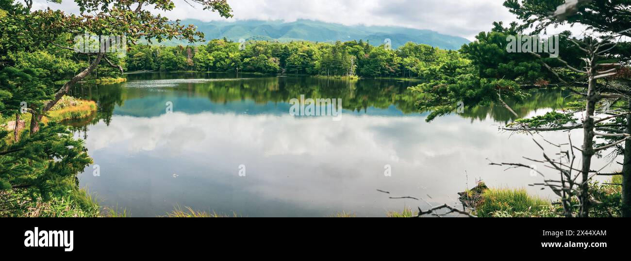 Panoramic view in summer over the Yonko (fourth) lake of Shiretoko Goko Lakes in Shiretoko National Park, Hokkaido, Japan. Stock Photo