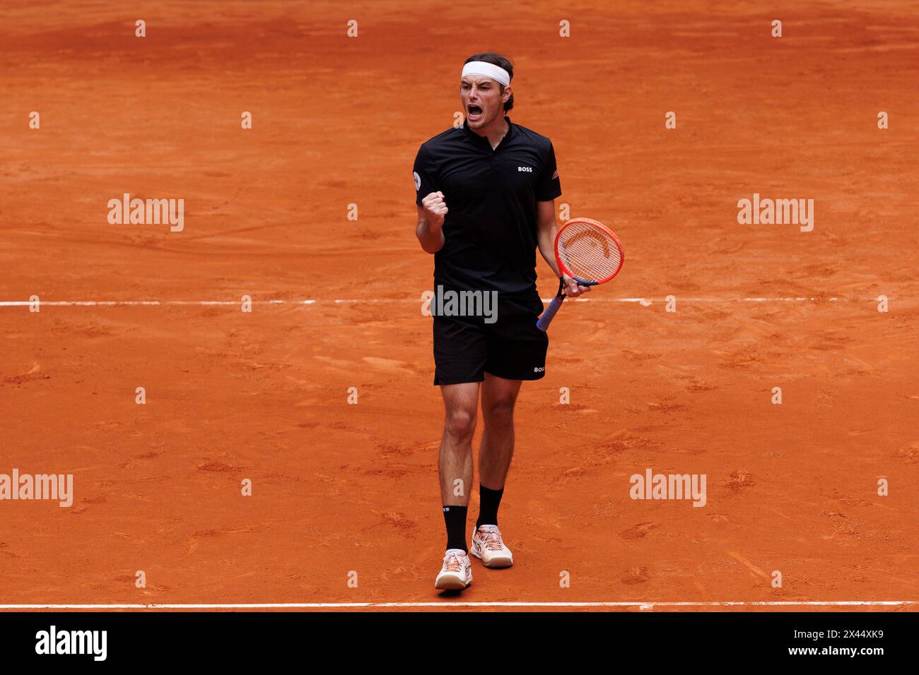 Madrid, Spain. 30th Apr, 2024. Taylor Fritz of US plays against Hubert Hurkacz ( not pictured ) of Poland on Day 9 of the Mutua Madrid Open 2024 tournament at La Caja Magica. Final score; Hubert Hurkacz 0:2 Taylor Fritz. Credit: SOPA Images Limited/Alamy Live News Stock Photo