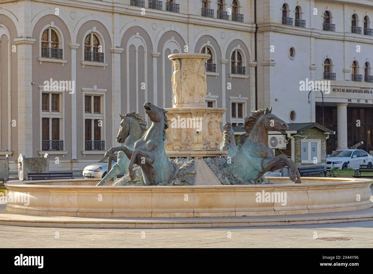 Skopje, North Macedonia - October 23, 2023: Military Horses Fountain in Front of Museum Building in Capital City Centre. Stock Photo