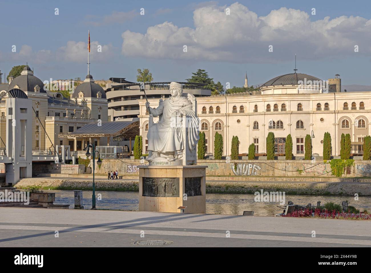 Skopje, North Macedonia - October 23, 2023: White Marble Statue Monument to Justinian Byzantine Emperor at Vardar River in Capital. City Centre. Stock Photo
