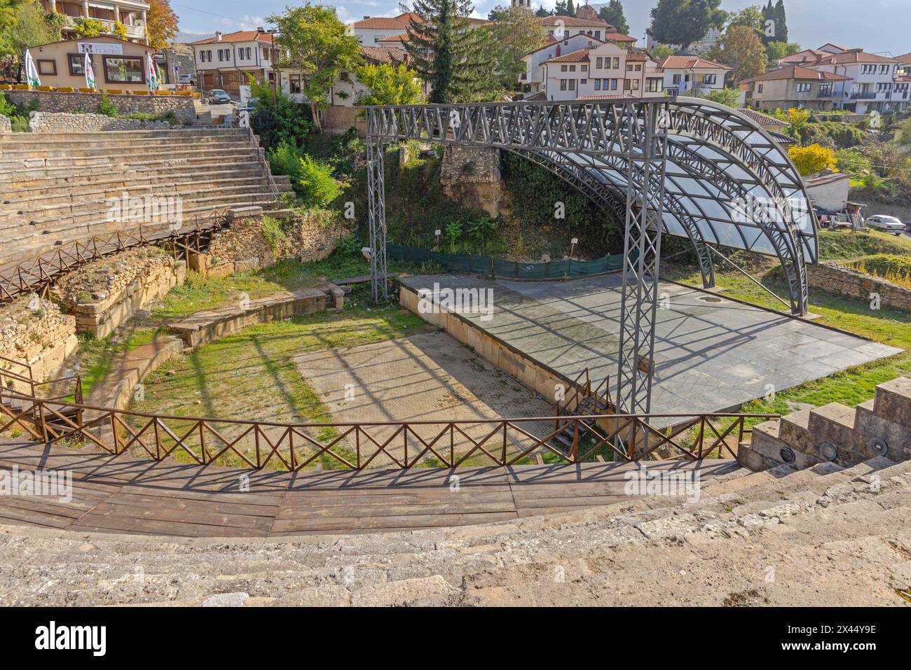 Ohrid, North Macedonia - October 23, 2023: Ancient Macedonian Theatre of Ohrid Classical Greek Open Air Amphitheater Landmark. Stock Photo