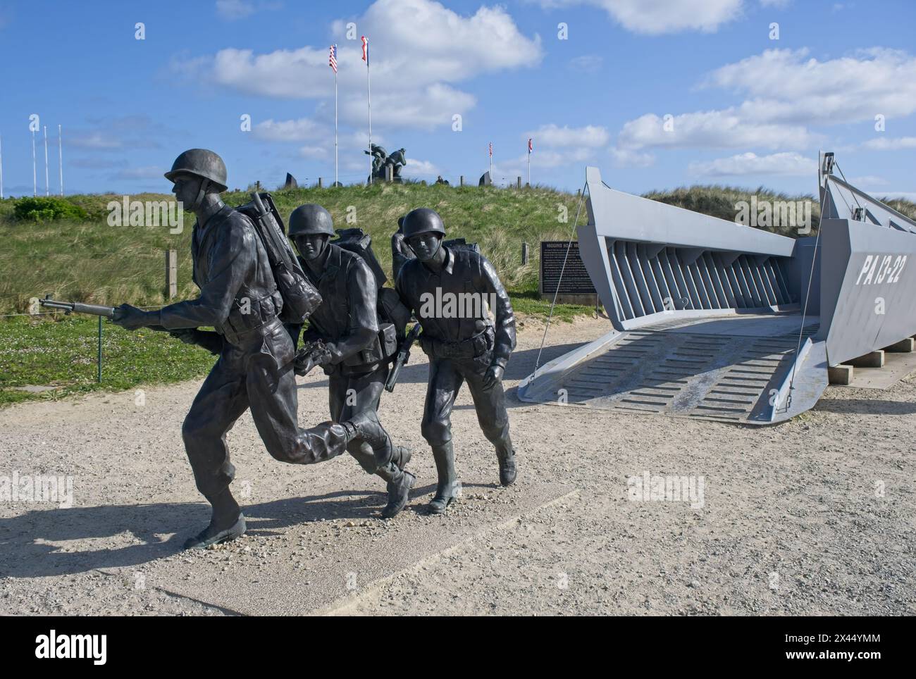 Sainte-Marie-du-Mont, France - Apr 19, 2024: Utah Beach D-Day Landing Memorial. Plauqes, monuments and Museum. Sunny spring day. Selective focus Stock Photo