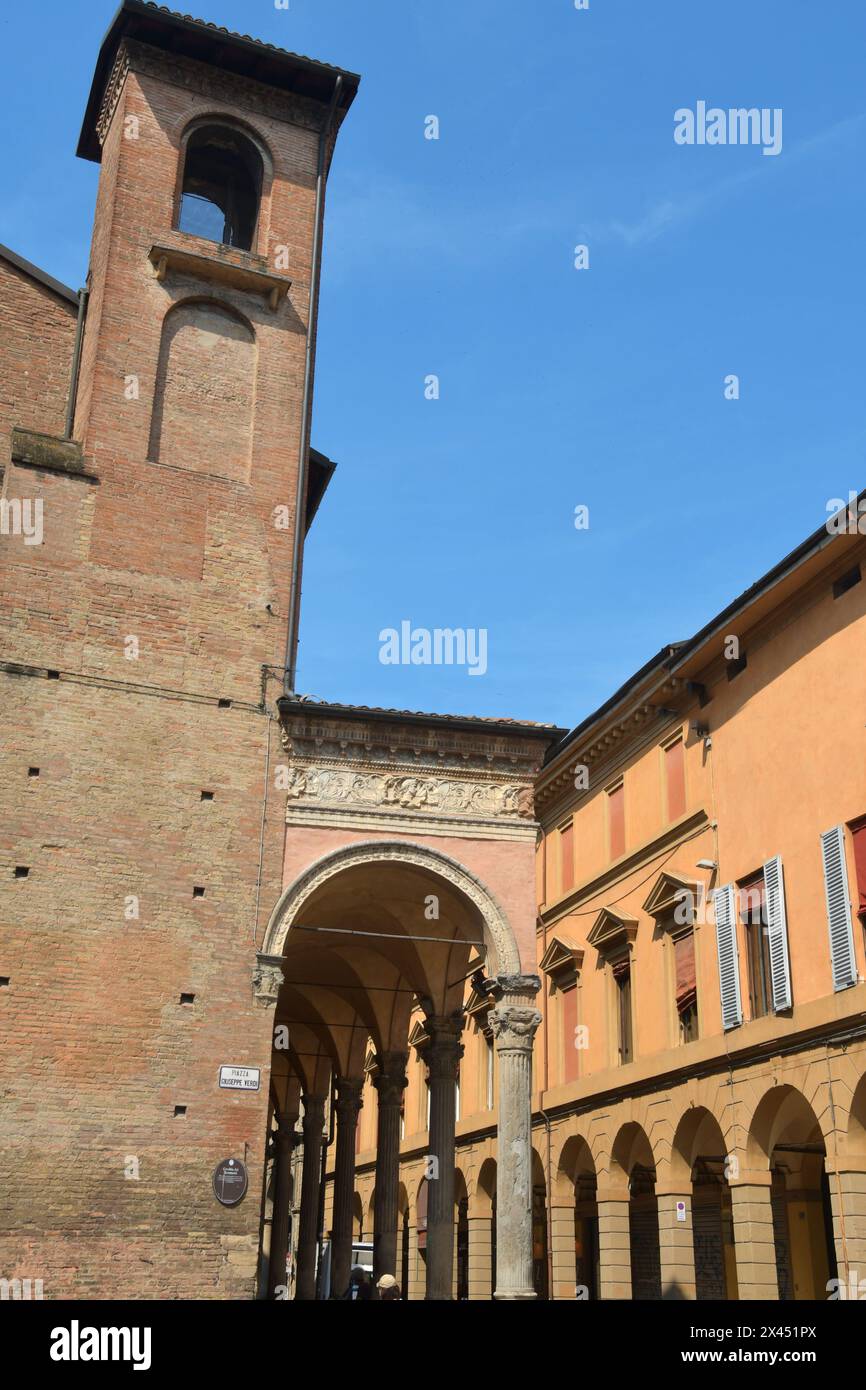 The towers of Bologna are structures with both military and aristocratic functions of medieval origin; the Asinelli Tower and Garisenda Tower Stock Photo