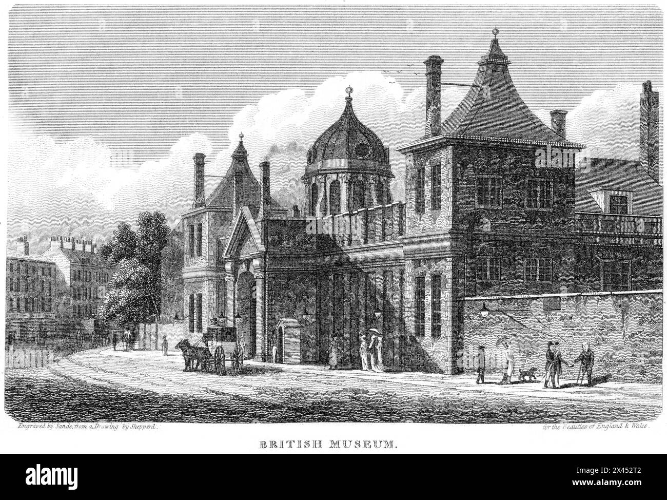 An engraving entitled the British Museum, London UK scanned at high resolution from a book published around 1815. Believed copyright free. Stock Photo