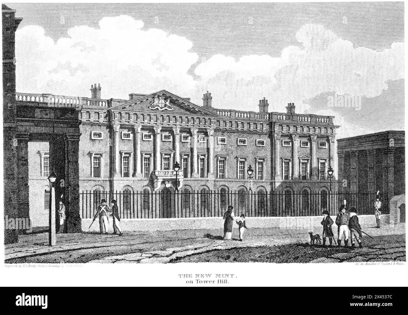 An engraving entitled The New Mint on Tower Hill, London UK scanned at high resolution from a book published around 1815.  Believed copyright free. Stock Photo