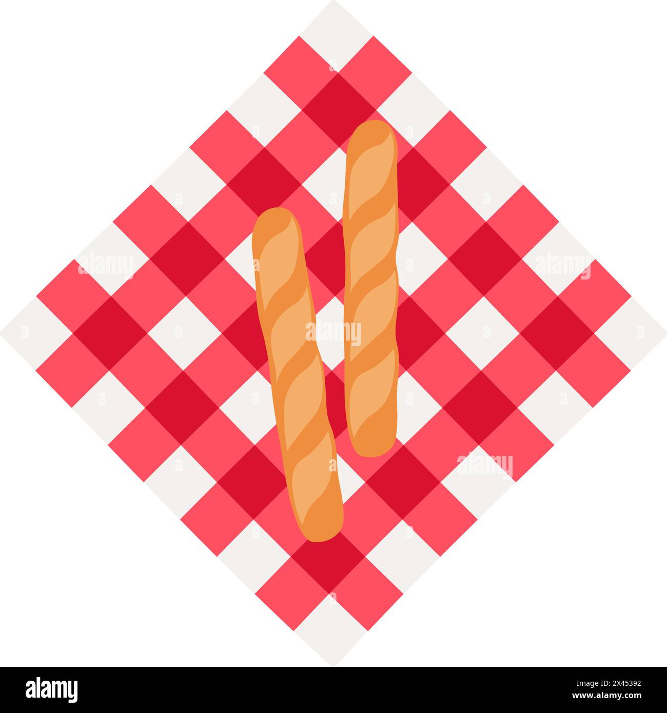 Flat cartoon red tartan tablecloth with French baguette icon Stock Vector